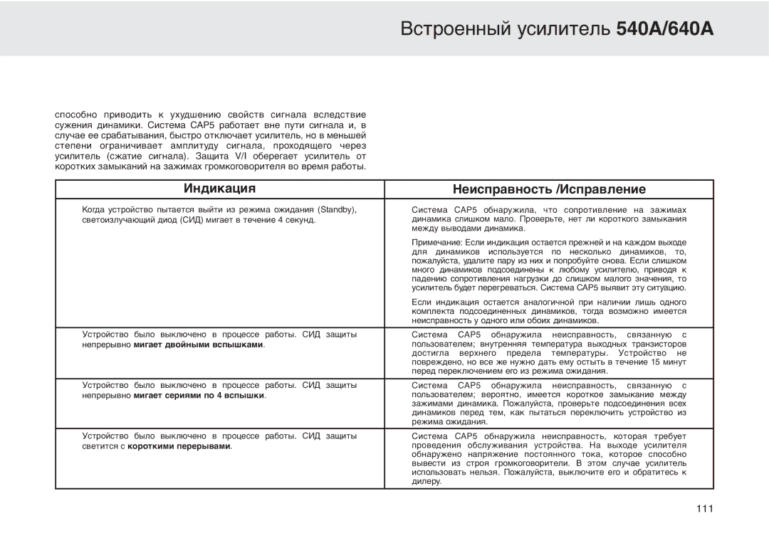 Cambridge Audio 540A user manual Индикация Неисправность /Исправление 