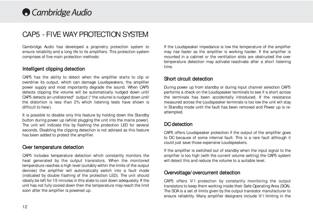 Cambridge Audio 540A user manual CAP5 Five WAY Protection System 