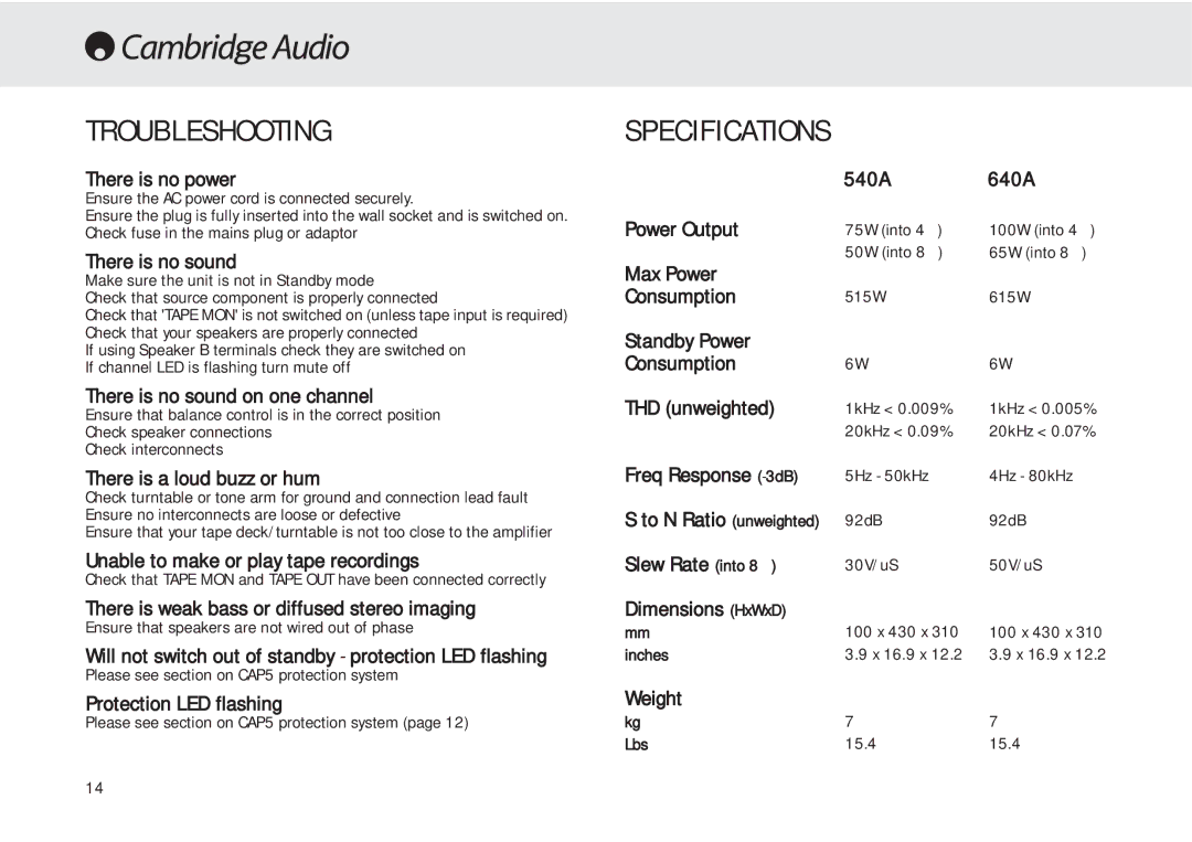 Cambridge Audio 540A user manual Troubleshooting, Specifications 