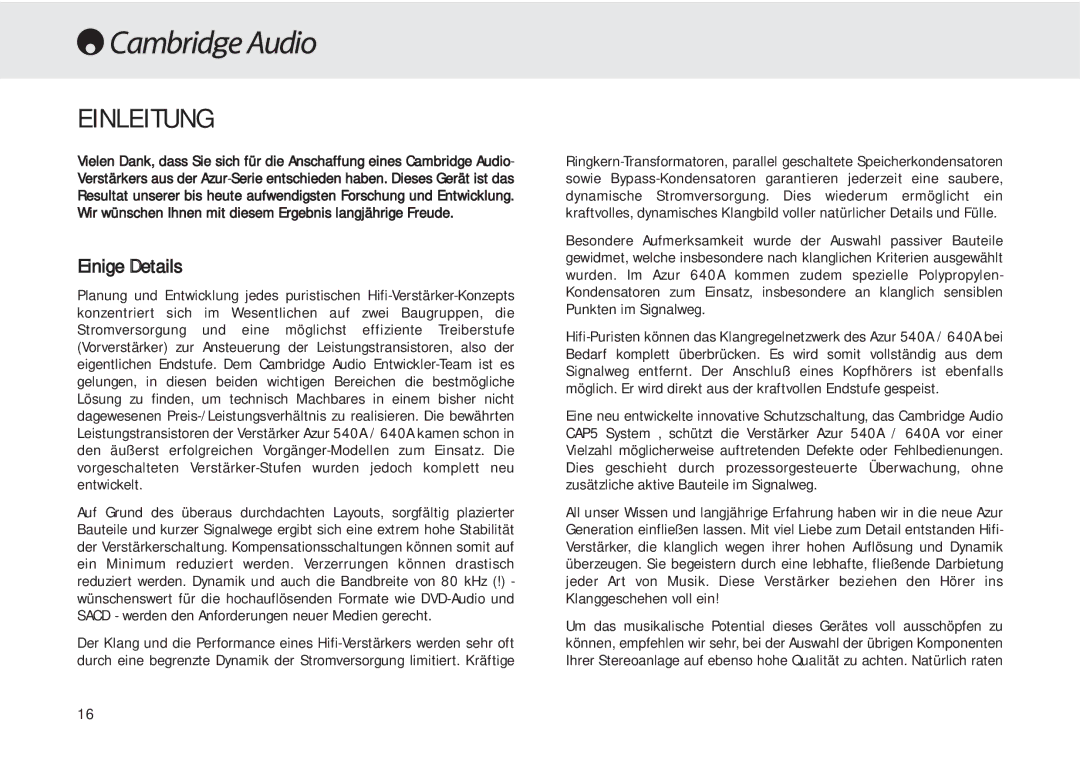 Cambridge Audio 540A user manual Einleitung, Einige Details 