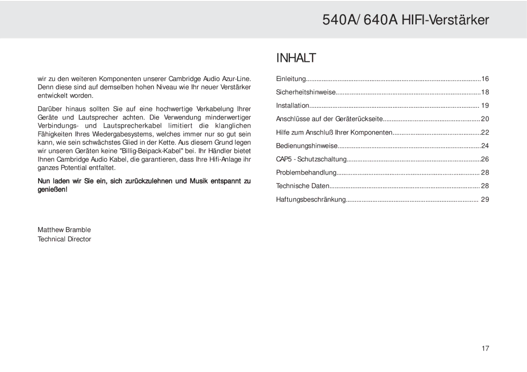 Cambridge Audio user manual 540A/640A HIFI-Verstärker, Inhalt 