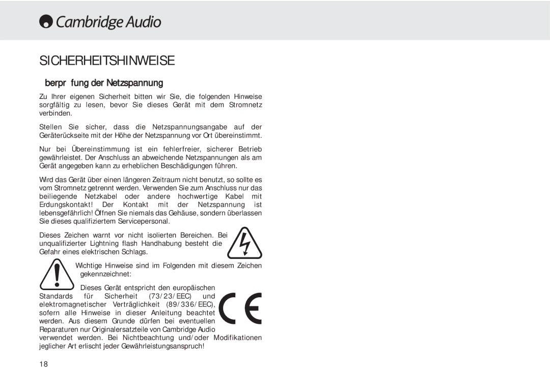 Cambridge Audio 540A user manual Sicherheitshinweise, Überprüfung der Netzspannung 