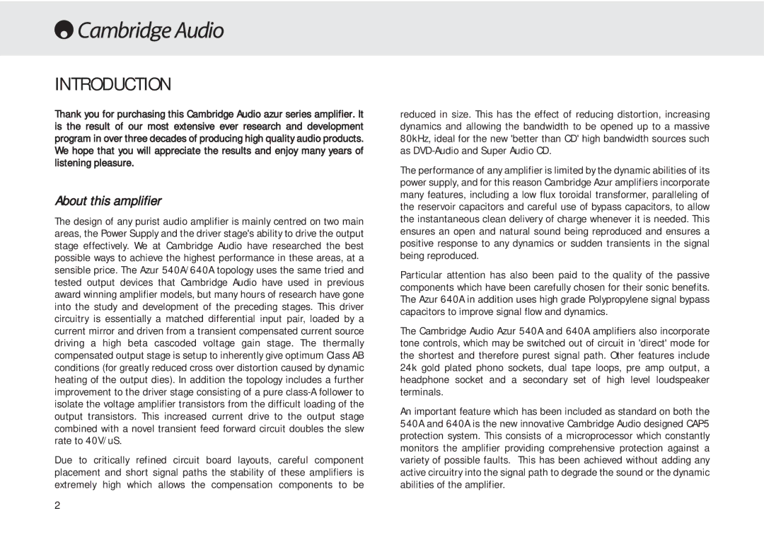 Cambridge Audio 540A user manual Introduction, About this amplifier 