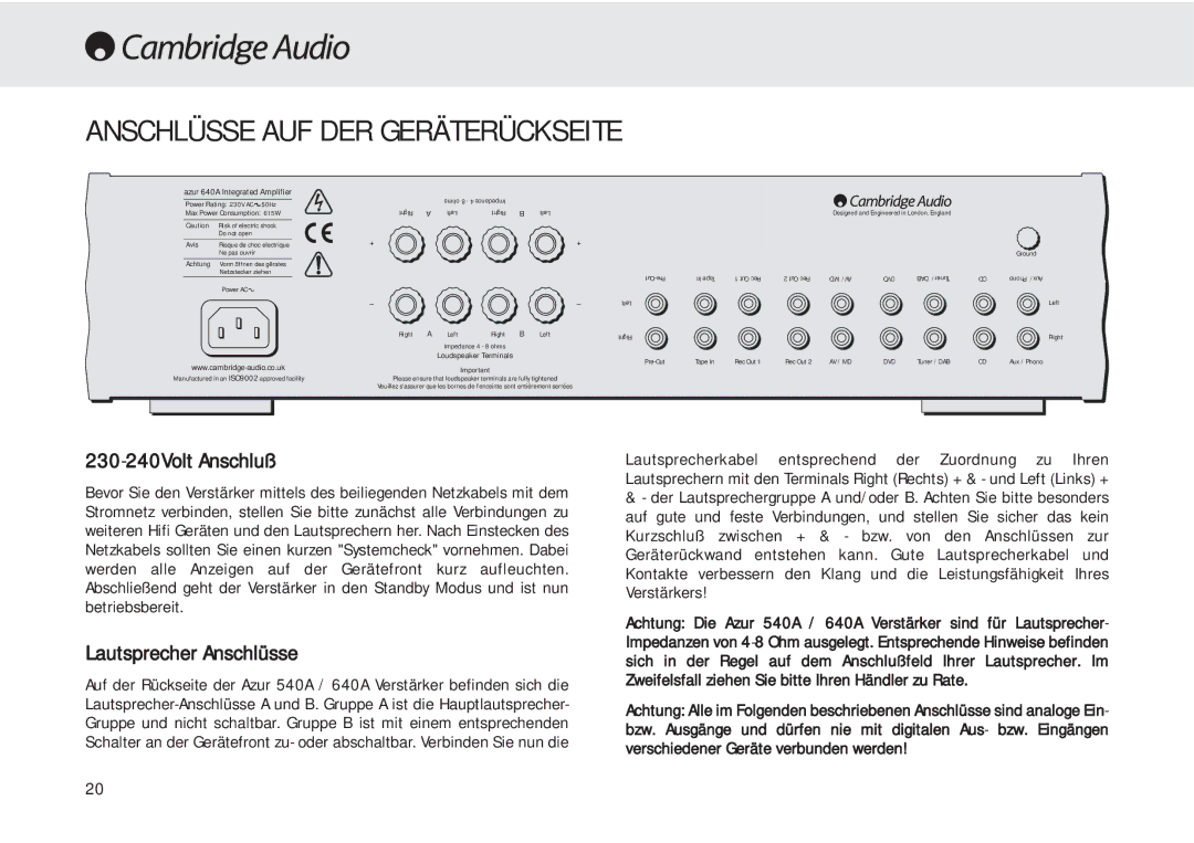 Cambridge Audio 540A user manual Anschlüsse AUF DER Geräterückseite, 230-240Volt Anschluß, Lautsprecher Anschlüsse 