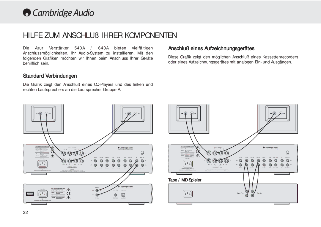 Cambridge Audio 540A user manual Anschluß eines Aufzeichnungsgerätes, Standard Verbindungen 