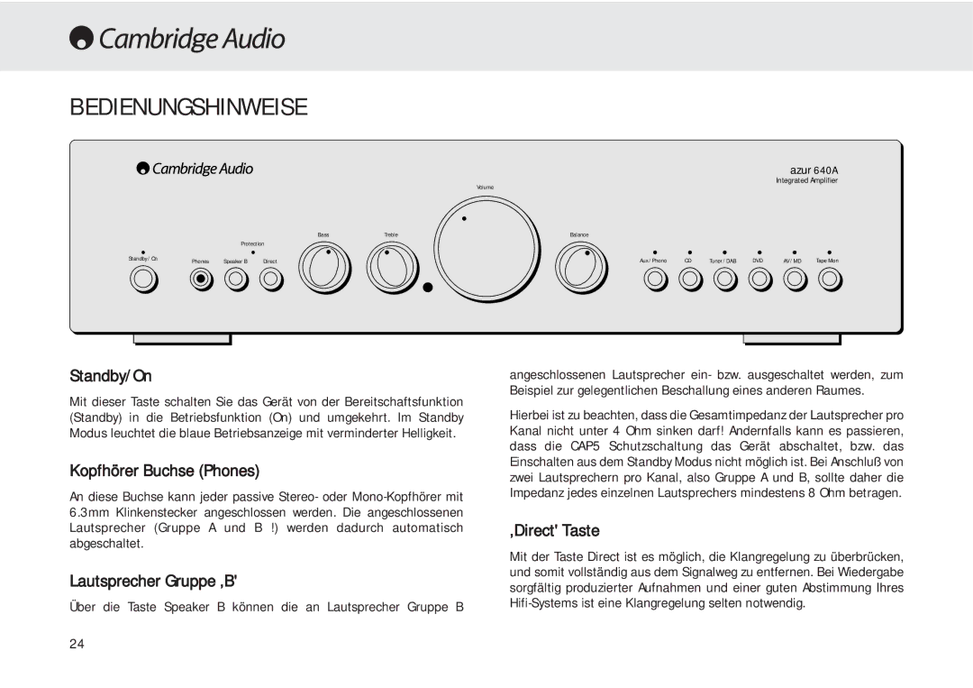 Cambridge Audio 540A user manual Bedienungshinweise, Kopfhörer Buchse Phones, ‚Direct Taste 