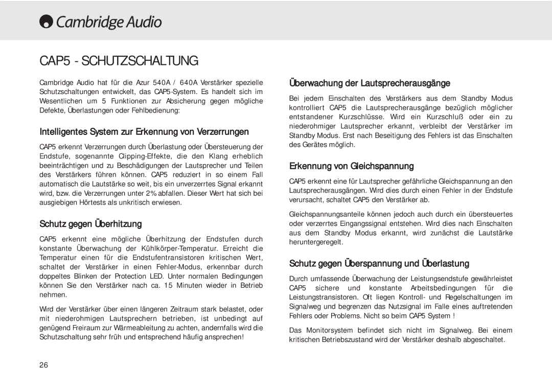 Cambridge Audio 540A user manual CAP5 Schutzschaltung 