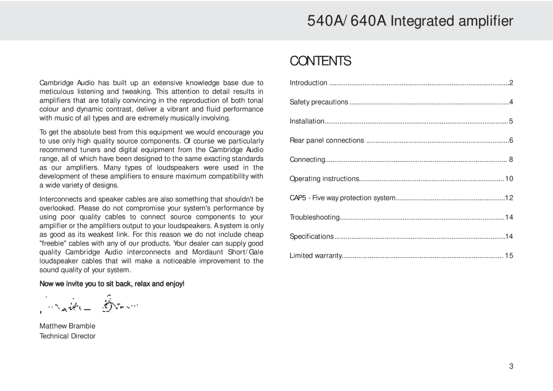 Cambridge Audio user manual 540A/640A Integrated amplifier, Contents 