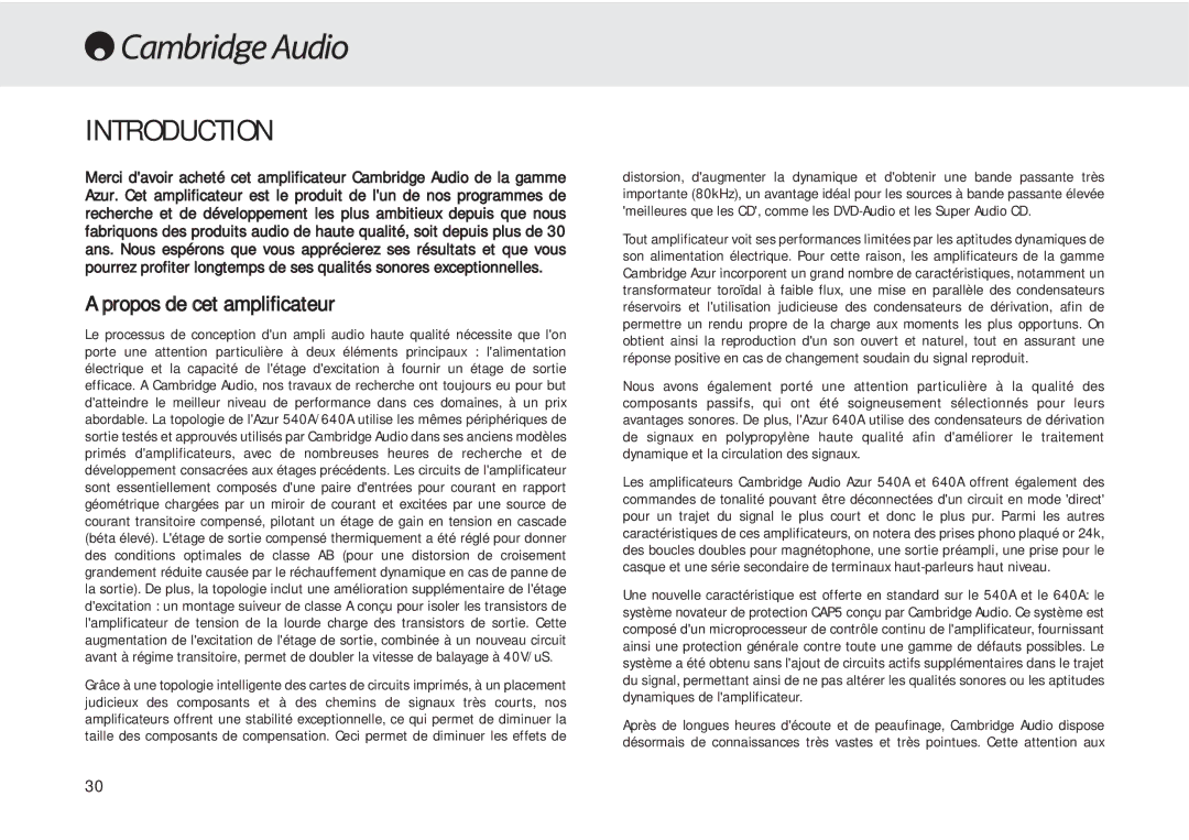 Cambridge Audio 540A user manual Introduction, Propos de cet amplificateur 