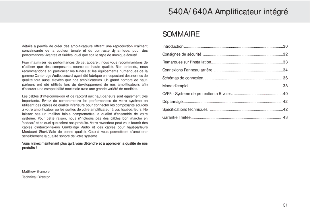 Cambridge Audio user manual 540A/640A Amplificateur intégré, Sommaire 