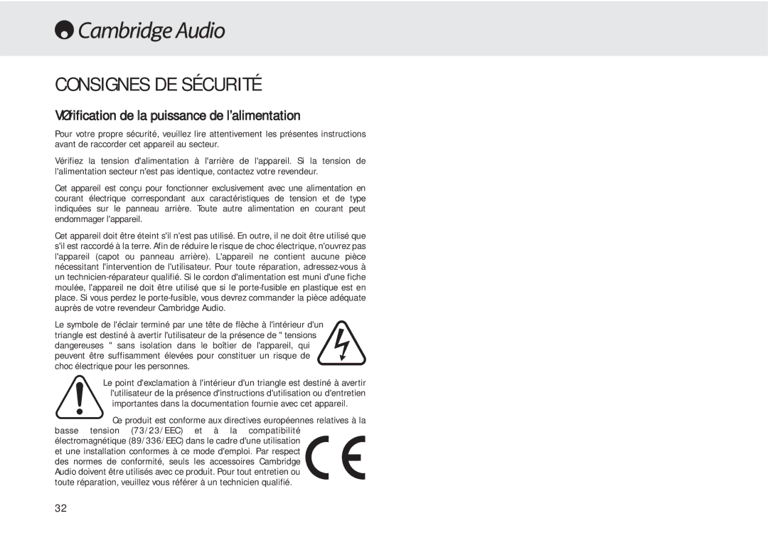 Cambridge Audio 540A user manual Consignes DE Sécurité, Vérification de la puissance de lalimentation 