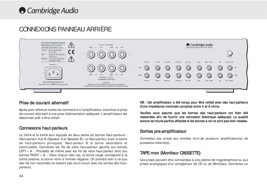 Cambridge Audio 540A user manual Connexions Panneau Arrière, Prise de courant alternatif, Connexions haut-parleurs 