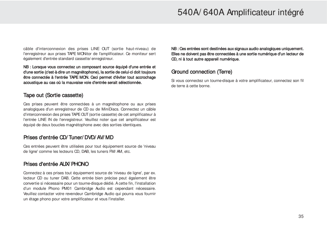 Cambridge Audio 540A user manual Tape out Sortie cassette, Prises dentrée CD/Tuner/DVD/AV/MD, Prises dentrée AUX/PHONO 