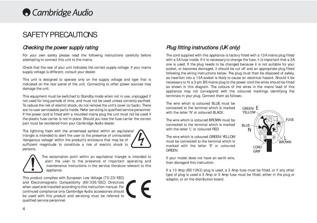 Cambridge Audio 540A user manual Safety Precautions, Checking the power supply rating, Plug fitting instructions UK only 