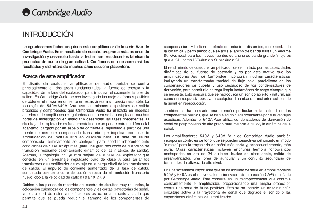 Cambridge Audio 540A user manual Introducción, Acerca de este amplificador 