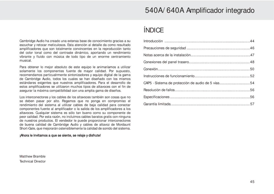 Cambridge Audio user manual 540A/640A Amplificador integrado, Índice 