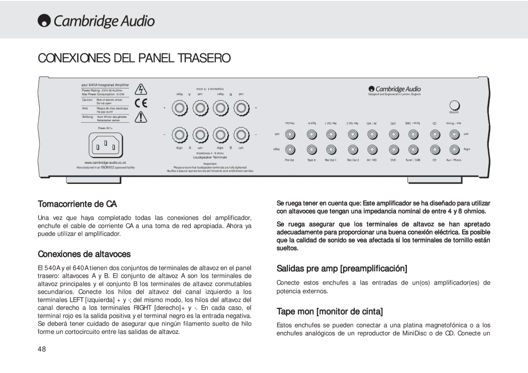 Cambridge Audio 540A Conexiones DEL Panel Trasero, Tomacorriente de CA, Conexiones de altavoces, Tape mon monitor de cinta 