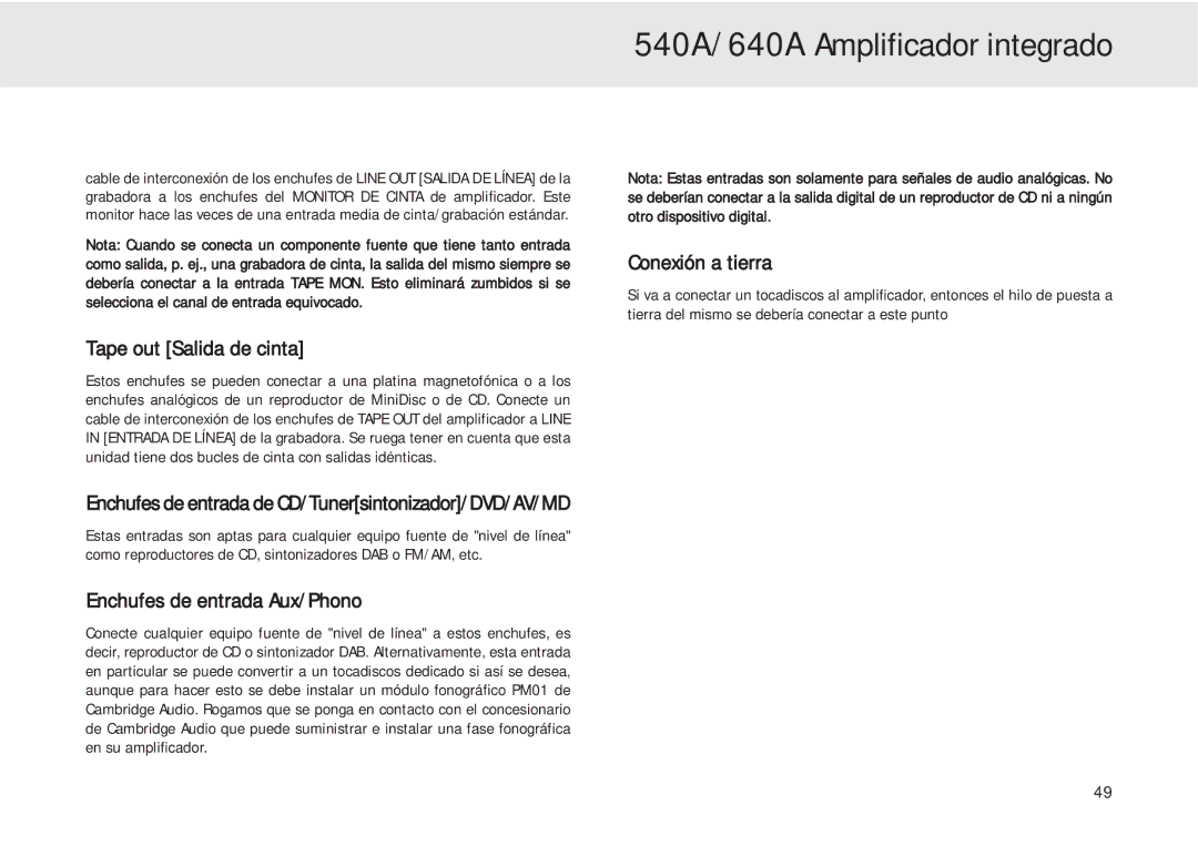 Cambridge Audio 540A user manual Tape out Salida de cinta, Enchufes de entrada Aux/Phono, Conexión a tierra 