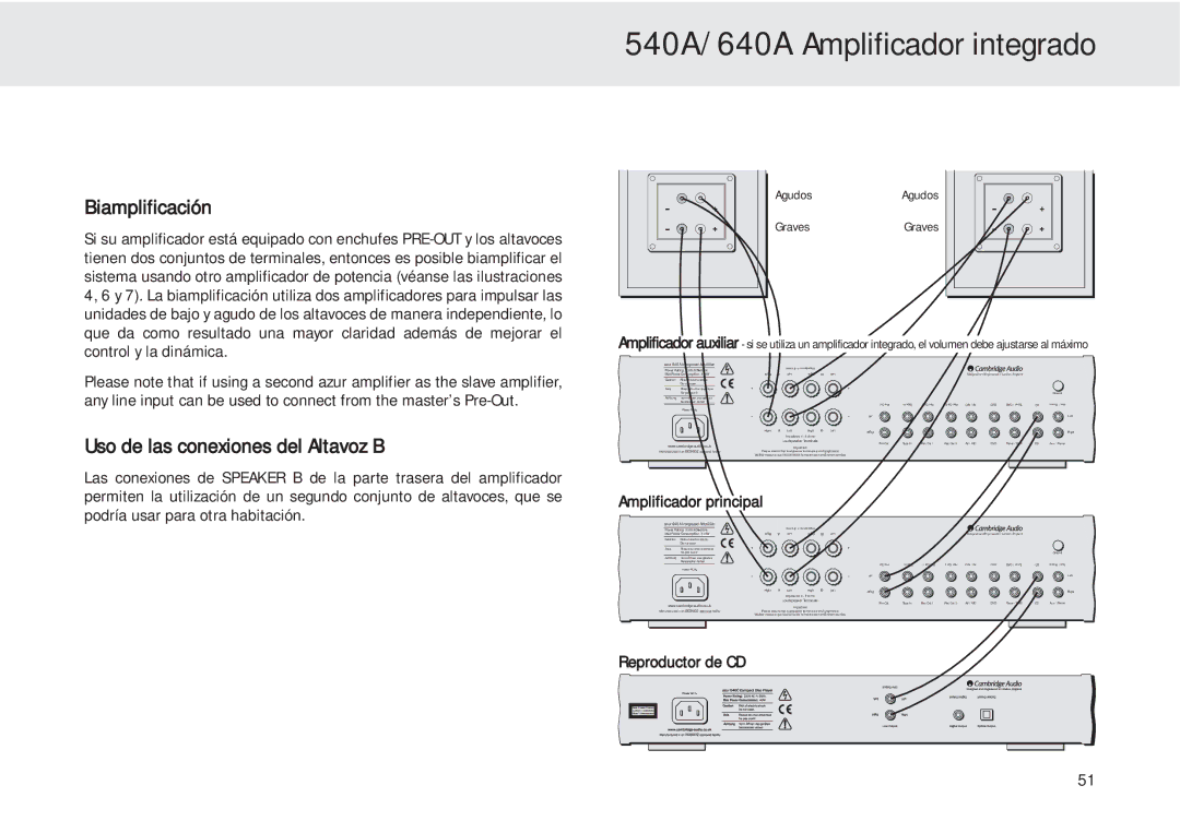 Cambridge Audio 540A user manual Biamplificación, Uso de las conexiones del Altavoz B 