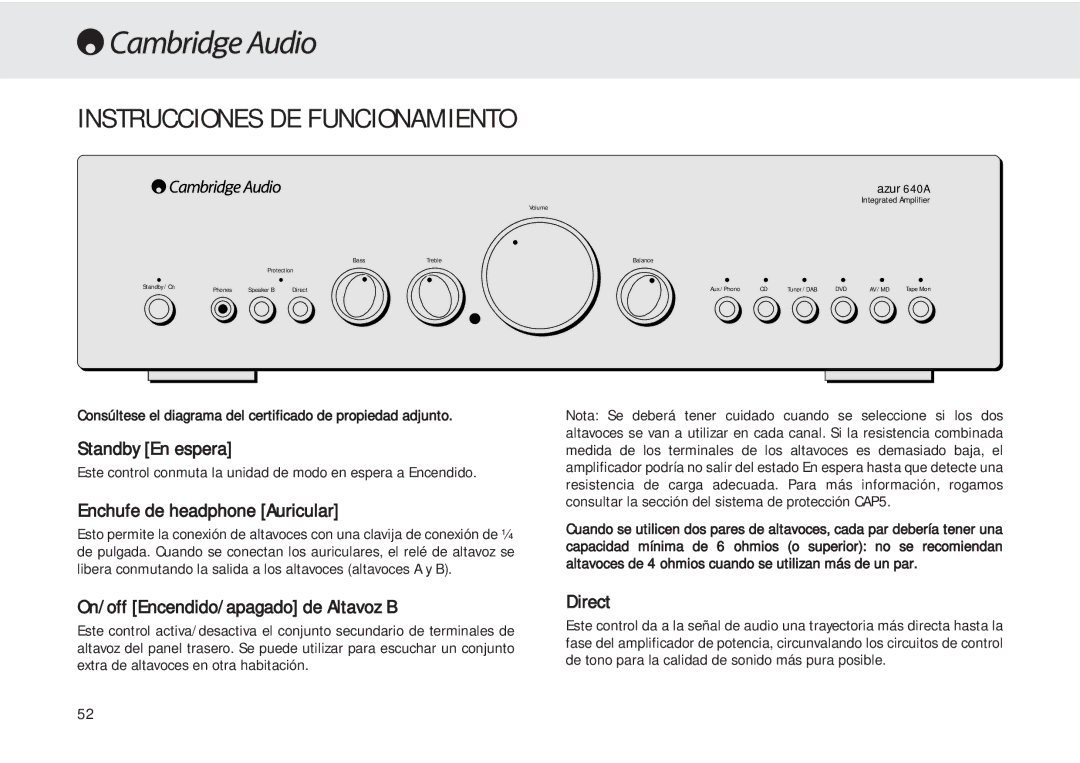 Cambridge Audio 540A user manual Instrucciones DE Funcionamiento, Standby En espera, Enchufe de headphone Auricular 