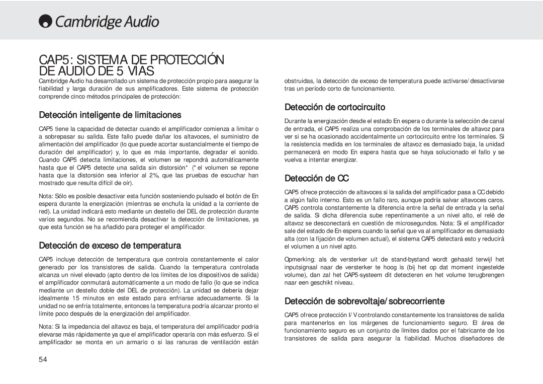 Cambridge Audio 540A user manual CAP5 Sistema DE Protección DE Audio DE 5 Vías 