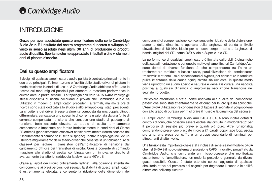 Cambridge Audio 540A user manual Introduzione, Dati su questo amplificatore 