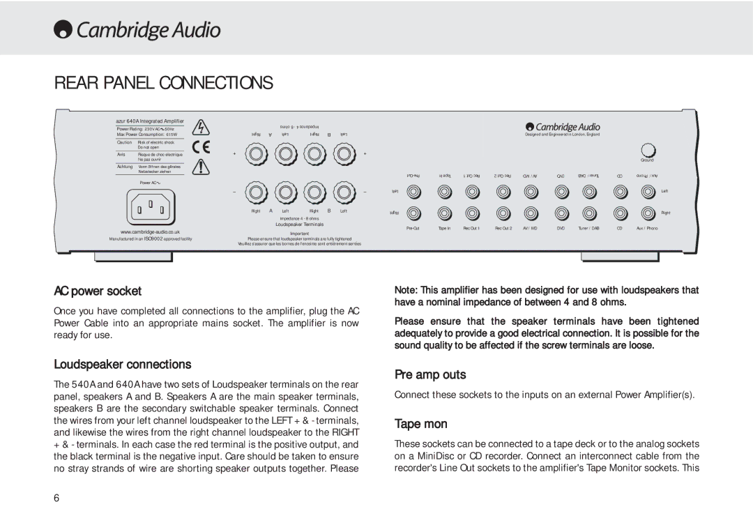 Cambridge Audio 540A user manual Rear Panel Connections, AC power socket, Loudspeaker connections, Pre amp outs, Tape mon 