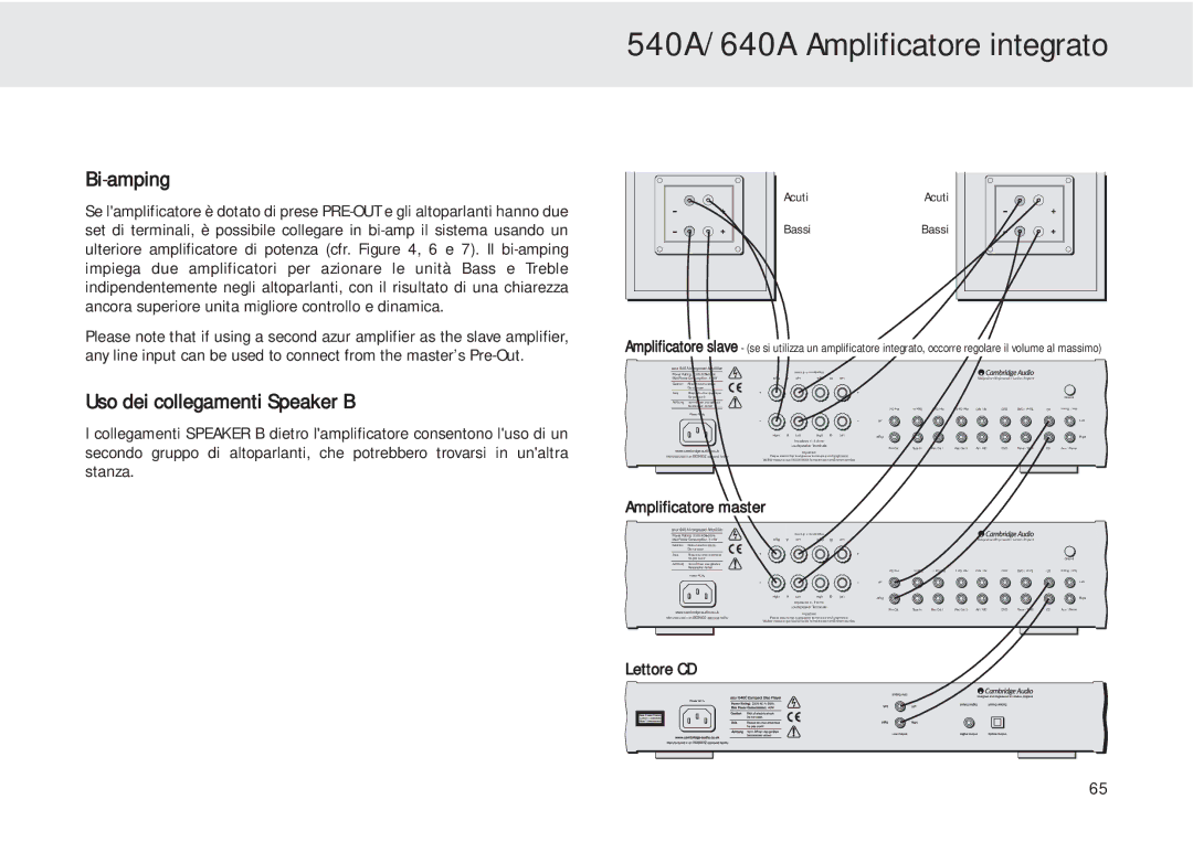 Cambridge Audio 540A user manual Uso dei collegamenti Speaker B, AcutiAcuti BassiBassi 