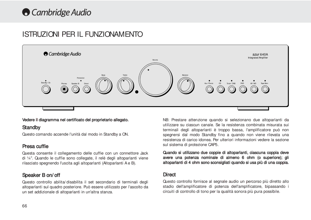 Cambridge Audio 540A user manual Istruzioni PER IL Funzionamento, Standby, Presa cuffie 