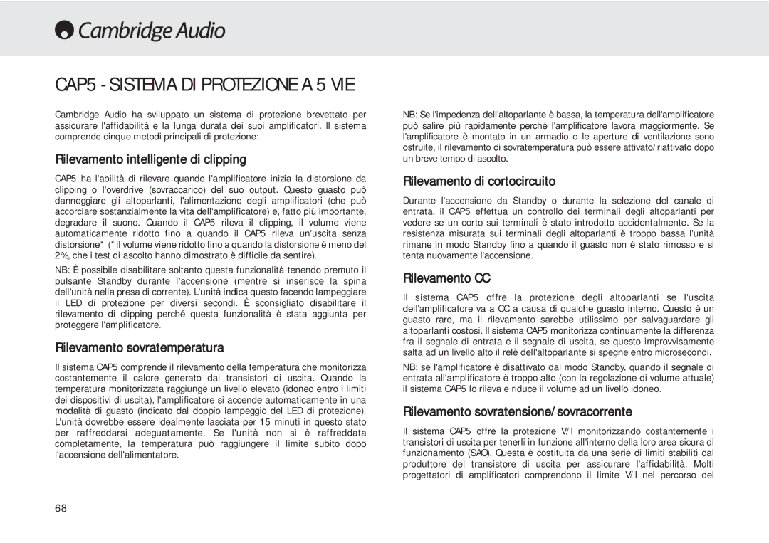 Cambridge Audio 540A user manual CAP5 Sistema DI Protezione a 5 VIE 