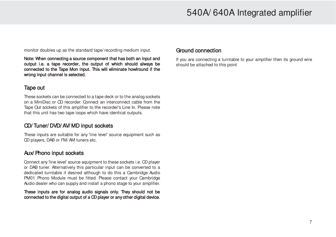 Cambridge Audio 540A user manual Tape out, CD/Tuner/DVD/AV/MD input sockets, Aux/Phono input sockets, Ground connection 