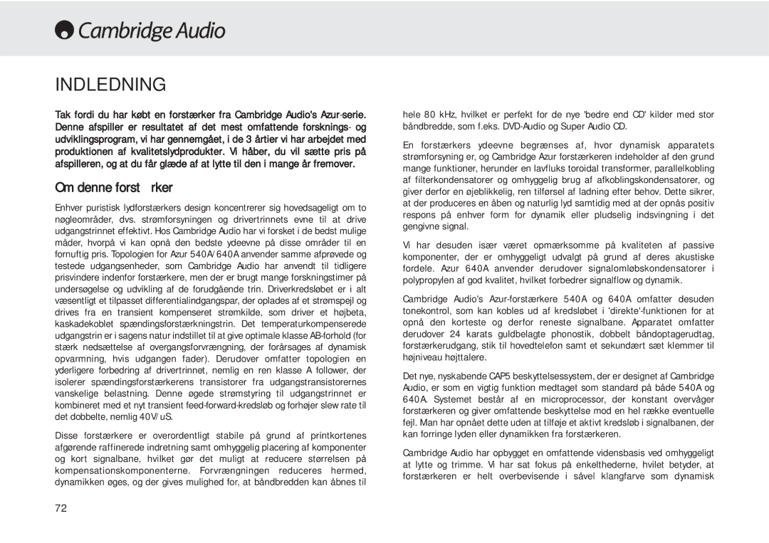 Cambridge Audio 540A user manual Indledning, Om denne forstærker 