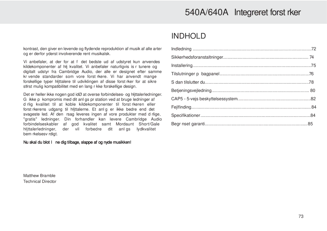 Cambridge Audio user manual 540A/640A Integreret forstærker, Indhold 