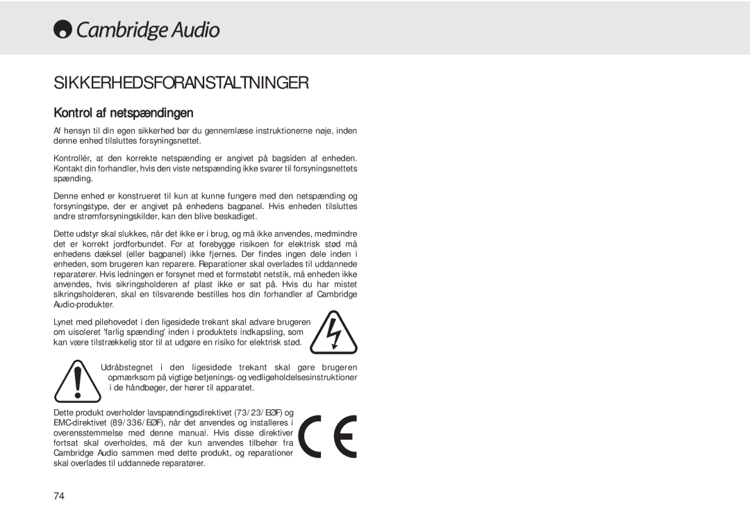 Cambridge Audio 540A user manual Sikkerhedsforanstaltninger, Kontrol af netspændingen 