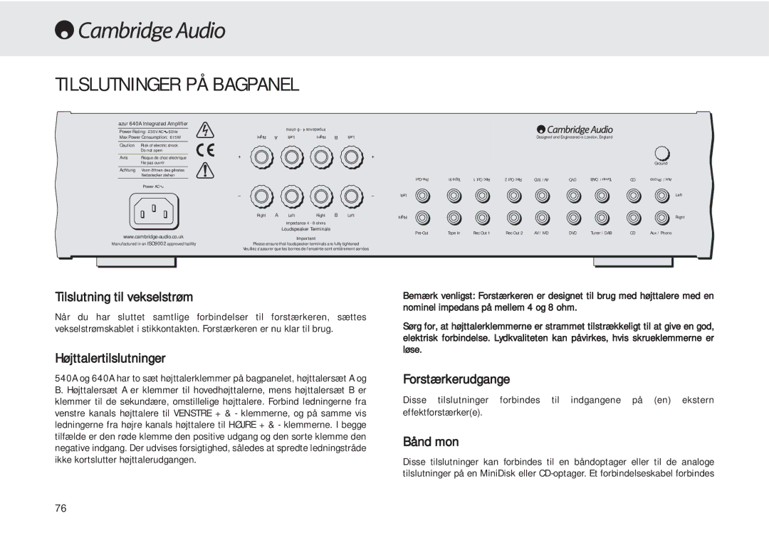 Cambridge Audio 540A Tilslutninger PÅ Bagpanel, Tilslutning til vekselstrøm, Højttalertilslutninger, Forstærkerudgange 