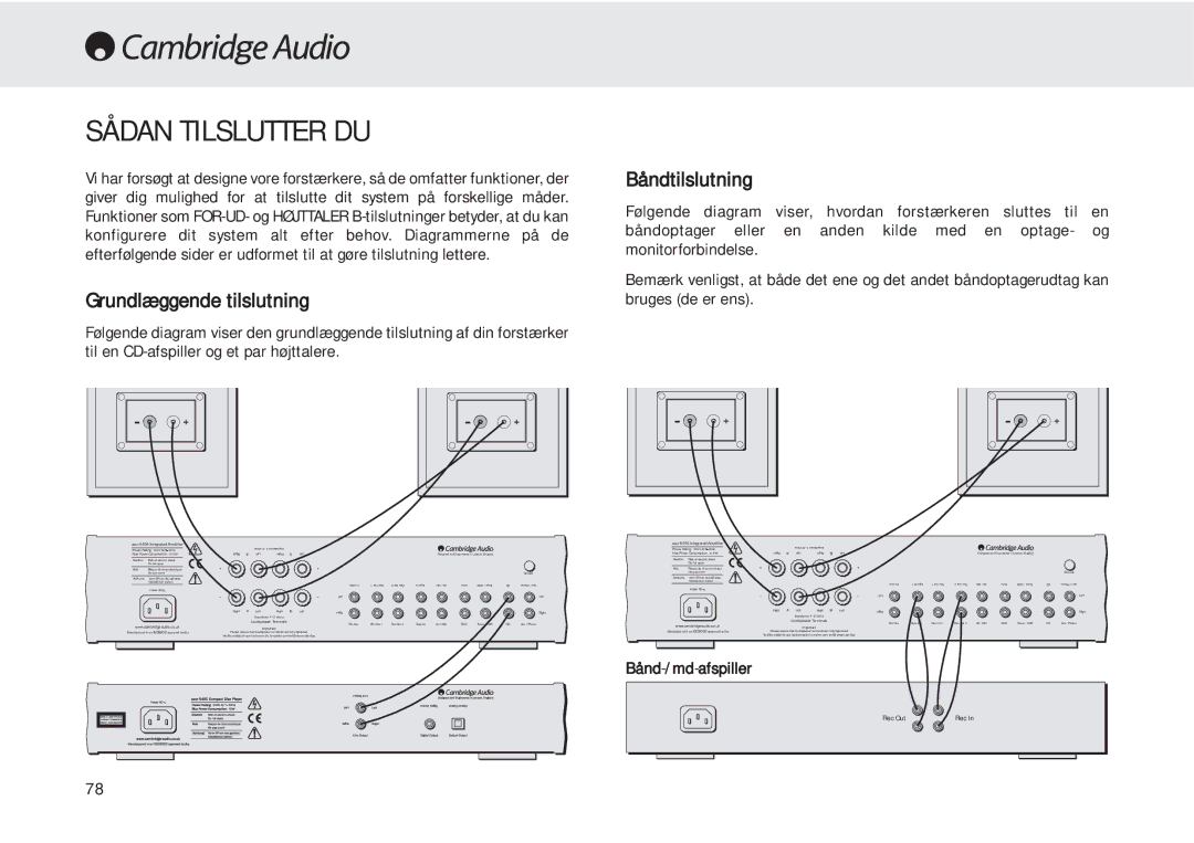 Cambridge Audio 540A user manual Sådan Tilslutter DU, Grundlæggende tilslutning, Båndtilslutning 