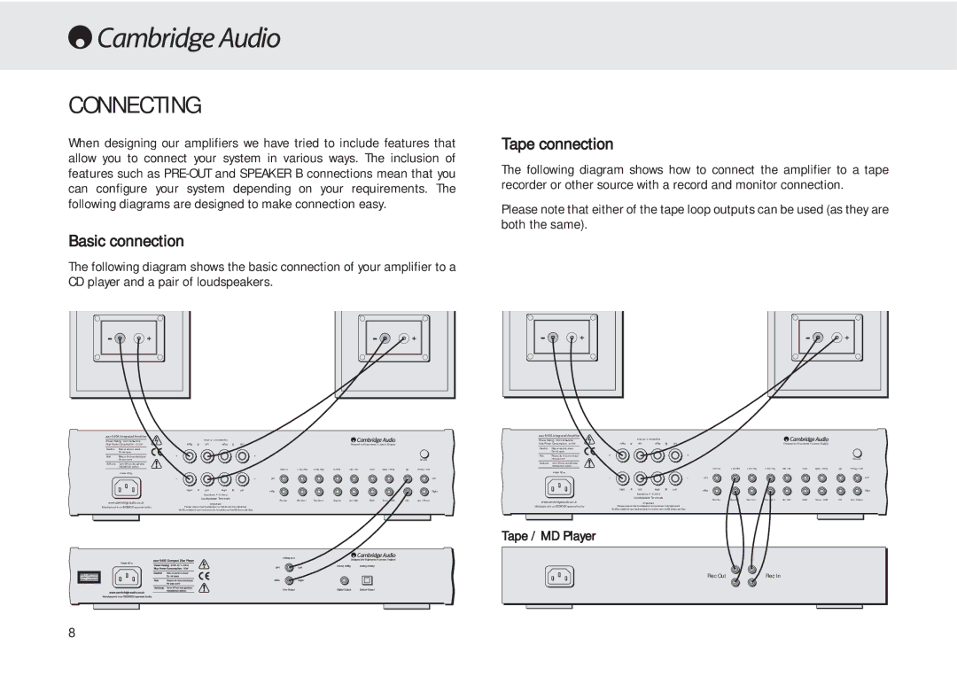 Cambridge Audio 540A user manual Connecting, Basic connection, Tape connection 