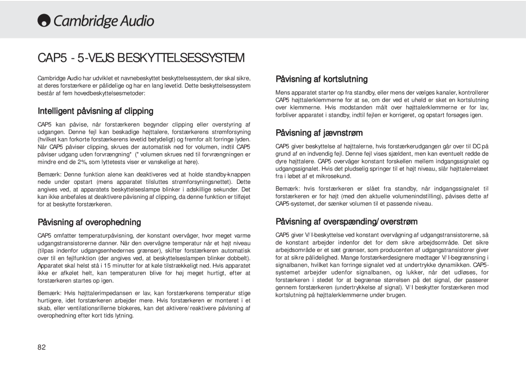 Cambridge Audio 540A user manual CAP5 5-VEJS Beskyttelsessystem 