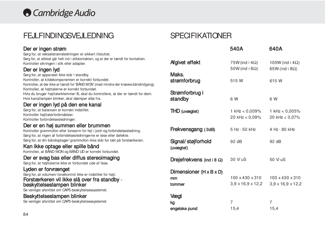 Cambridge Audio 540A user manual Fejlfindingsvejledning Specifikationer 