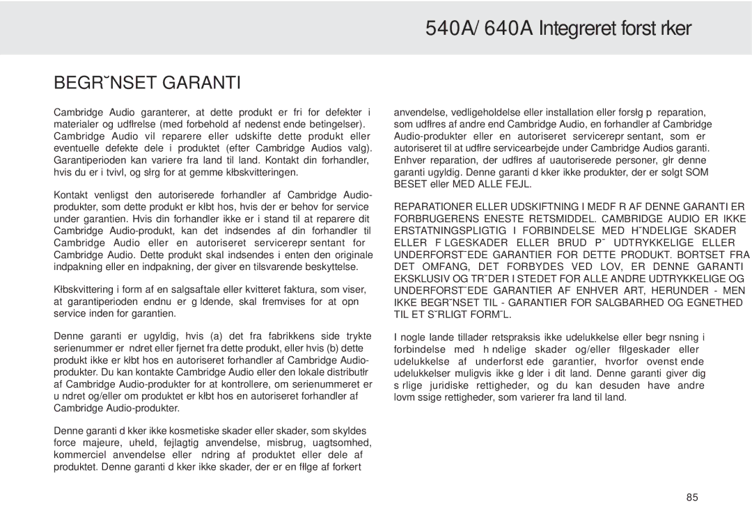 Cambridge Audio 540A user manual Begrænset Garanti 