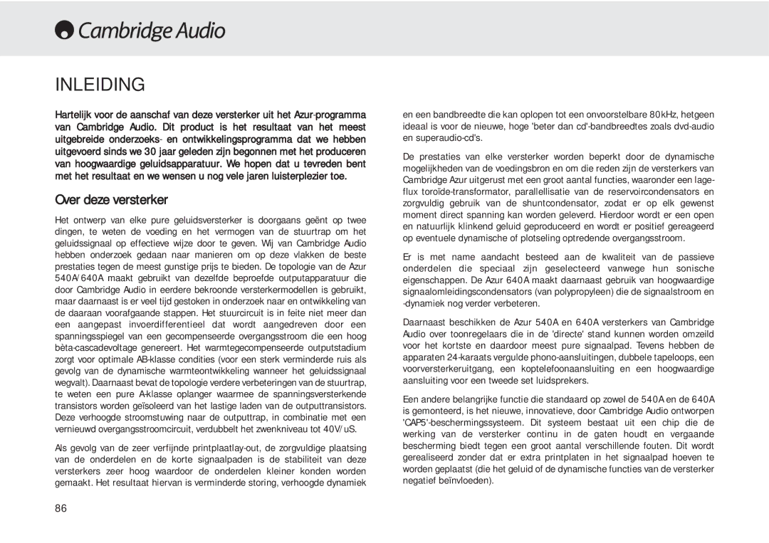 Cambridge Audio 540A user manual Inleiding, Over deze versterker 