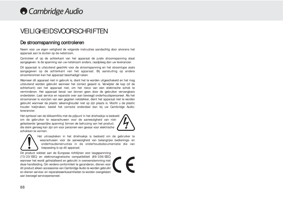 Cambridge Audio 540A user manual Veiligheidsvoorschriften, De stroomspanning controleren 