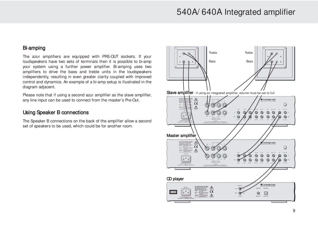 Cambridge Audio 540A user manual Bi-amping, Using Speaker B connections 