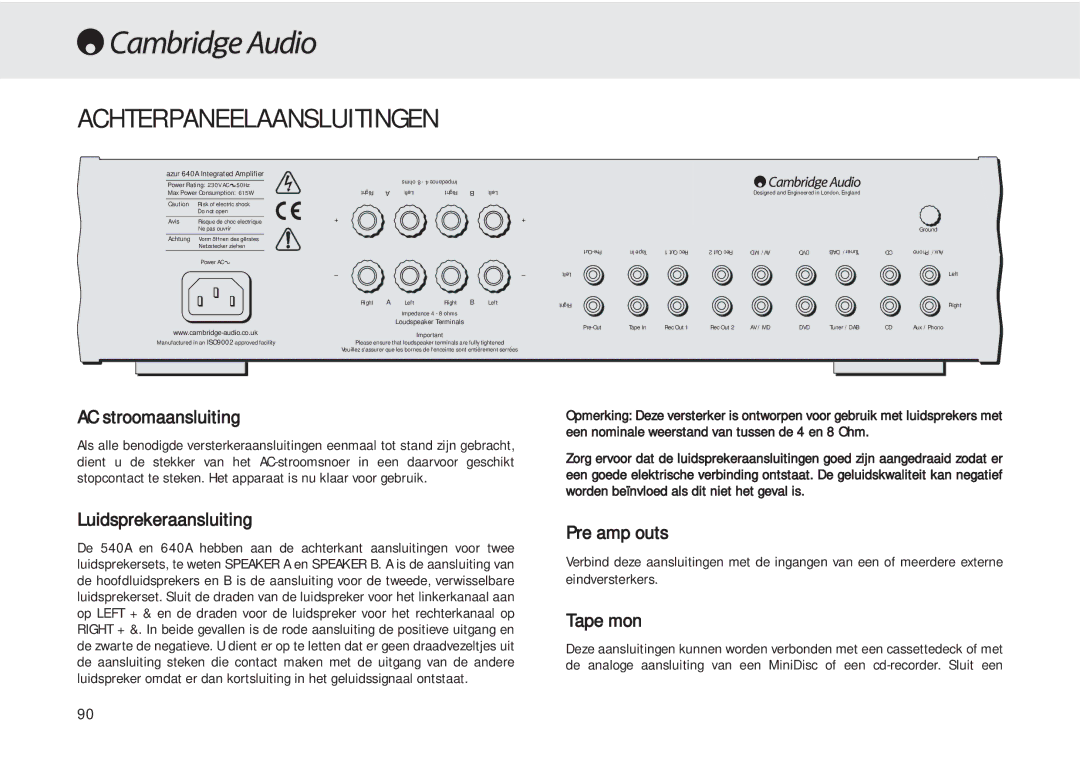 Cambridge Audio 540A user manual Achterpaneelaansluitingen, AC stroomaansluiting, Luidsprekeraansluiting 