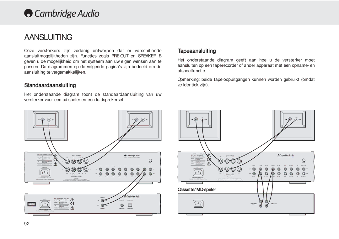 Cambridge Audio 540A user manual Aansluiting, Standaardaansluiting, Tapeaansluiting 