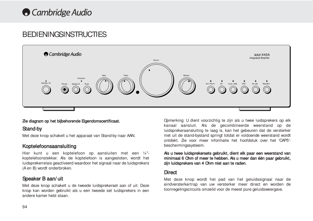 Cambridge Audio 540A user manual Bedieningsinstructies, Stand-by, Koptelefoonsaansluiting, Speaker B aan/uit 