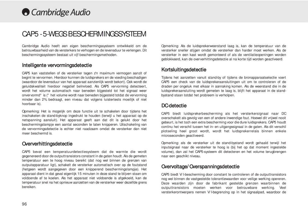 Cambridge Audio 540A user manual CAP5 5-WEGS Beschermingssysteem 