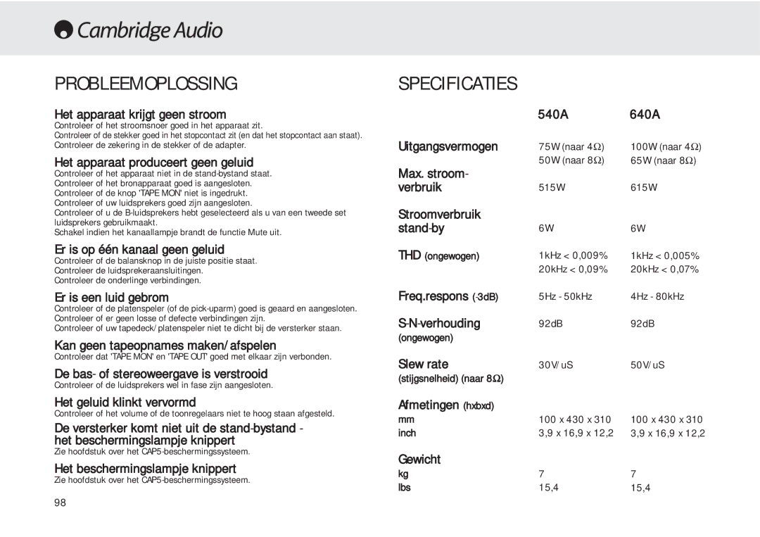 Cambridge Audio 540A user manual Probleemoplossing, Specificaties 