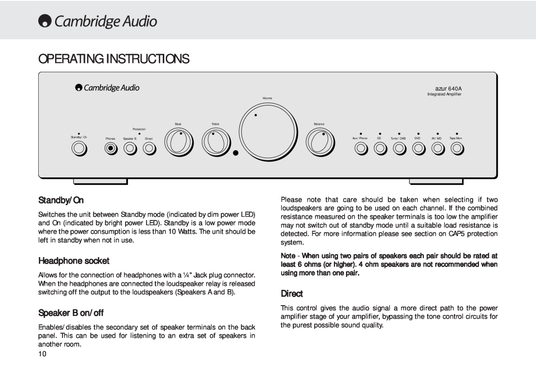 Cambridge Audio 540A user manual Operating Instructions, Standby/On, Headphone socket, Speaker B on/off, Direct 