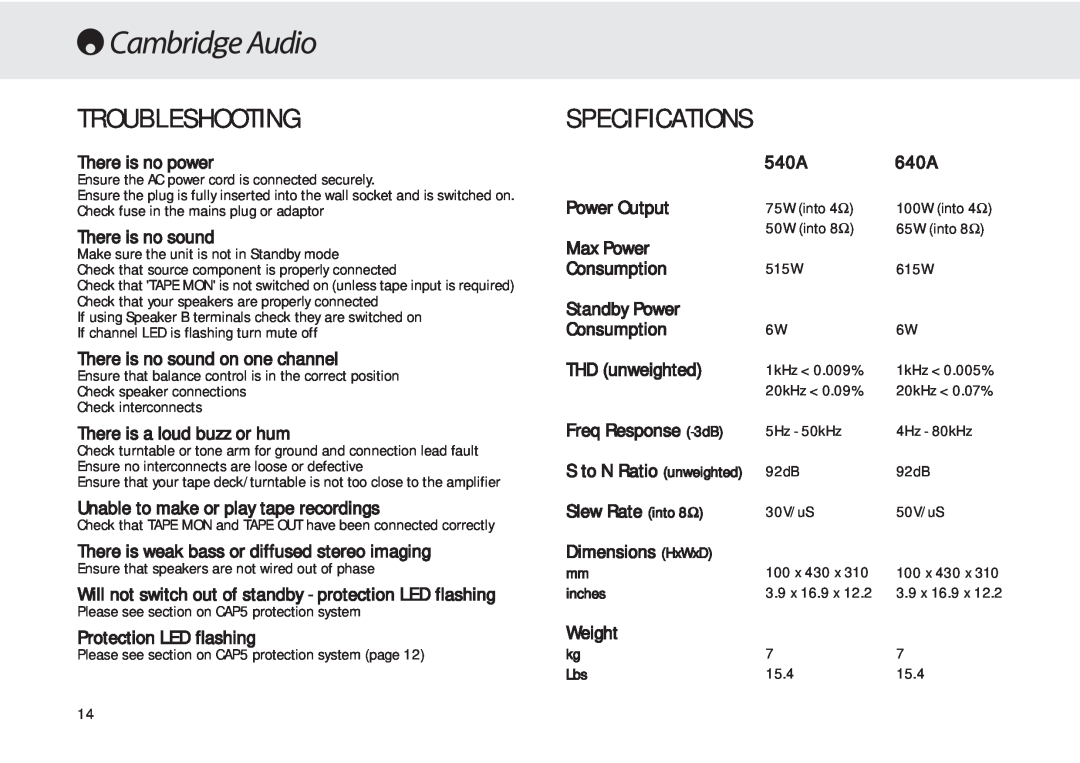 Cambridge Audio 540A Troubleshooting, Specifications, There is no power, There is no sound, There is a loud buzz or hum 